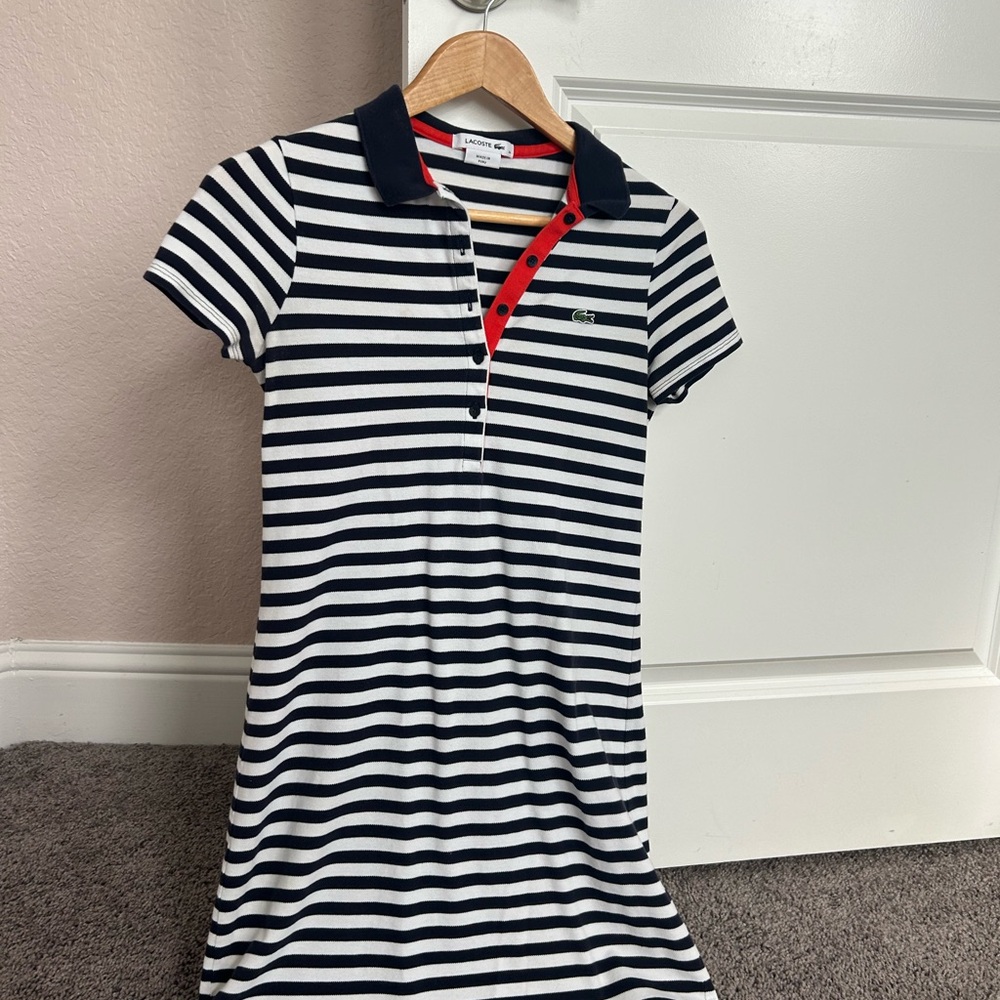 Lacoste Navy & White Striped Polo Dress with Red Placket